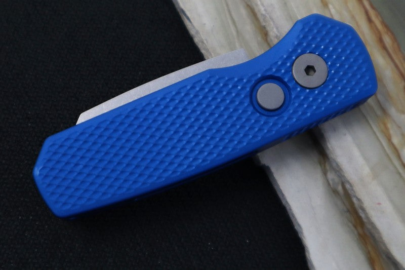 Pro-Tech Runt Auto - Blue Textured Aluminum Handle / Stonewashed Reverse Tanto Blade / CPM-20CV Steel R5205-BLUE