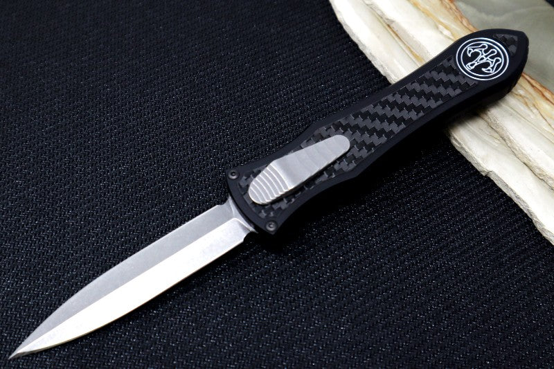 Hawk Knife Designs Deadlock Model C OTF - Black 7075 Anodized Aluminum Handle & Black Carbon Fiber Insert / CPM-20CV / Dagger Blade / Tumbled Titanium Accents