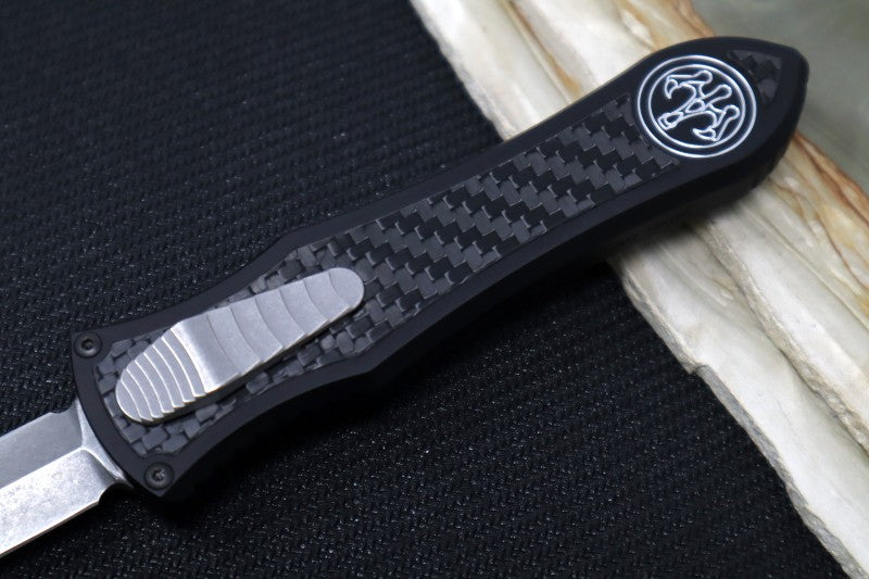 Hawk Knife Designs Deadlock Model C OTF - Black 7075 Anodized Aluminum Handle & Black Carbon Fiber Insert / CPM-20CV / Dagger Blade / Tumbled Titanium Accents