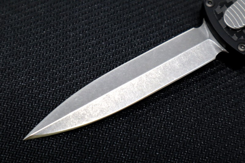 Hawk Knife Designs Deadlock Model C OTF - Black 7075 Anodized Aluminum Handle & Black Carbon Fiber Insert / CPM-20CV / Dagger Blade / Tumbled Titanium Accents