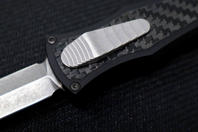Hawk Knife Designs Deadlock Model C OTF - Black 7075 Anodized Aluminum Handle & Black Carbon Fiber Insert / CPM-20CV / Dagger Blade / Tumbled Titanium Accents