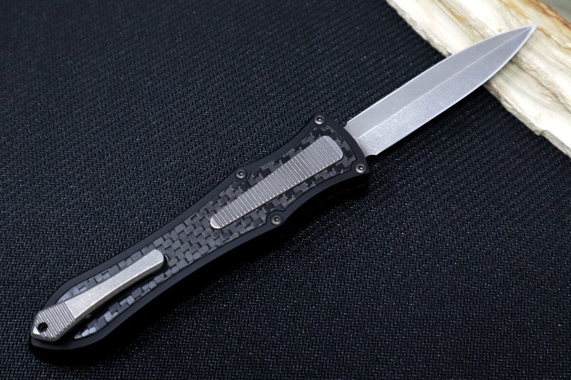 Hawk Knife Designs Deadlock Model C OTF - Black 7075 Anodized Aluminum Handle & Black Carbon Fiber Insert / CPM-20CV / Dagger Blade / Tumbled Titanium Accents