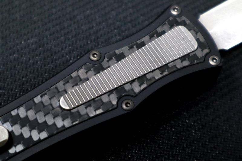 Hawk Knife Designs Deadlock Model C OTF - Black 7075 Anodized Aluminum Handle & Black Carbon Fiber Insert / CPM-20CV / Dagger Blade / Tumbled Titanium Accents