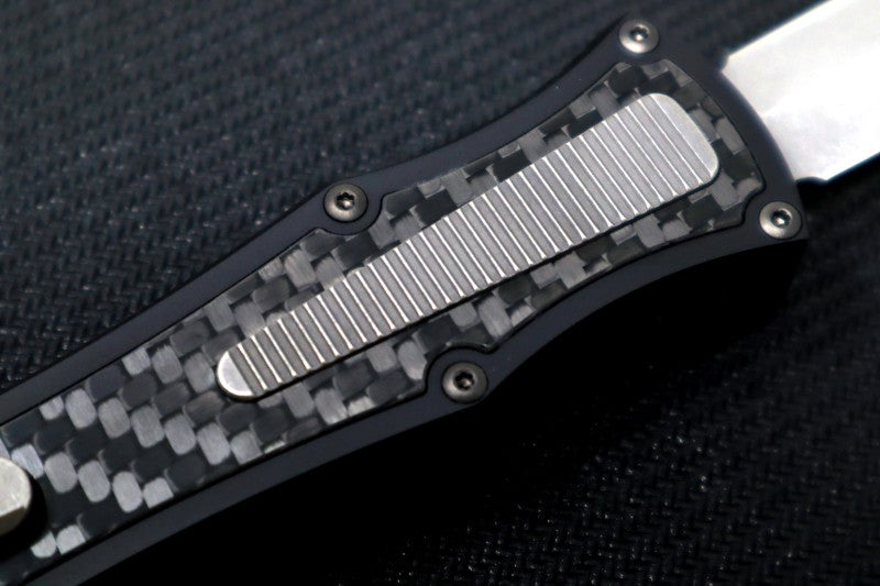 Hawk Knife Designs Deadlock Model C OTF - Black 7075 Anodized Aluminum Handle & Black Carbon Fiber Insert / CPM-20CV / Dagger Blade / Tumbled Titanium Accents - Northwest Knives