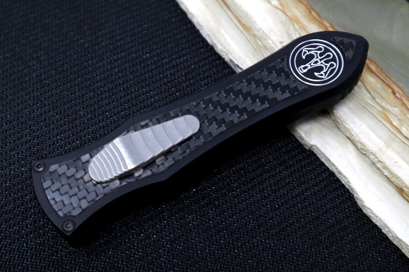 Hawk Knife Designs Deadlock Model C OTF - Black 7075 Anodized Aluminum Handle & Black Carbon Fiber Insert / CPM-20CV / Dagger Blade / Tumbled Titanium Accents