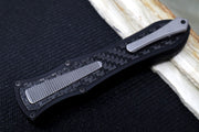 Hawk Knife Designs Deadlock Model C OTF - Black 7075 Anodized Aluminum Handle & Black Carbon Fiber Insert / CPM-20CV / Dagger Blade / Tumbled Titanium Accents - Northwest Knives