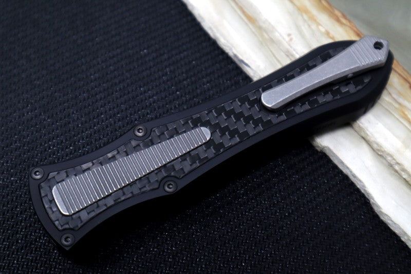 Hawk Knife Designs Deadlock Model C OTF - Black 7075 Anodized Aluminum Handle & Black Carbon Fiber Insert / CPM-20CV / Dagger Blade / Tumbled Titanium Accents