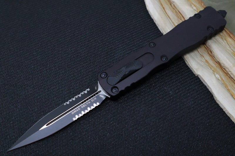 Microtech Dirac Delta Tactical OTF - Black Finish / Partial Serrated Dagger Blade / Black Aluminum Handle 227-2T