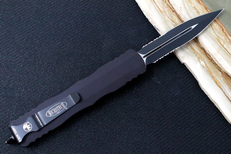 Microtech Dirac Delta Tactical OTF - Black Finish / Partial Serrated Dagger Blade / Black Aluminum Handle 227-2T