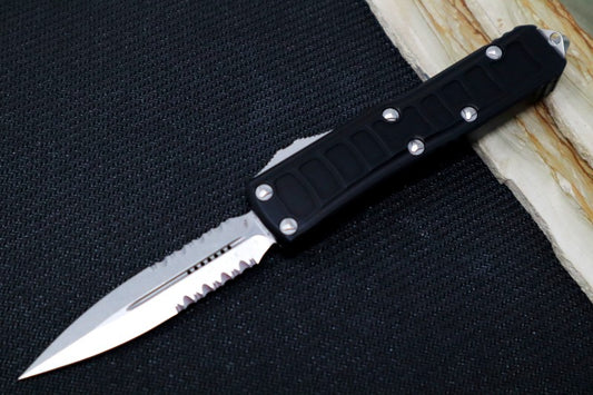 Microtech UTX-85 OTF Signature Series II - Double Edge with Partial Serrate / Stonewashed Finish / Stonewashed Hardware & Clip / Textured Black Body  - 232II-11S