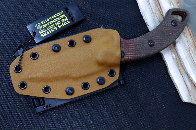 Tops Crusader - 1095 Steel / Orange & OD Green Canvas Micarta Handle / Coyote Tan Kydex Sheath VTAC-02 - Northwest Knives