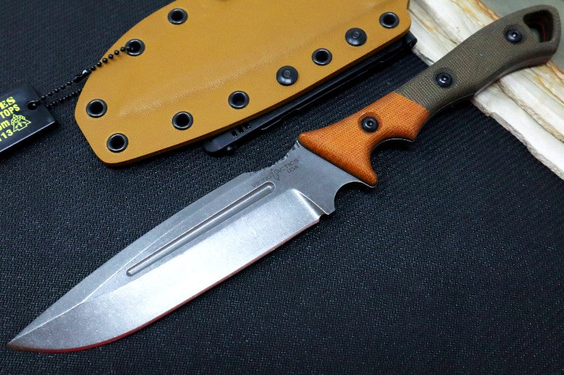 Tops Norseman - 1095 Steel / Orange & OD Green Canvas Micarta Handle / Coyote Tan Kydex Sheath VTAC-01 - Northwest Knives
