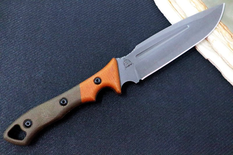 Tops Norseman - 1095 Steel / Orange & OD Green Canvas Micarta Handle / Coyote Tan Kydex Sheath VTAC-01 - Northwest Knives