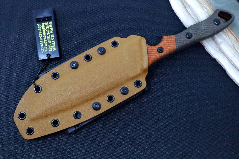 Tops Norseman - 1095 Steel / Orange & OD Green Canvas Micarta Handle / Coyote Tan Kydex Sheath VTAC-01 - Northwest Knives
