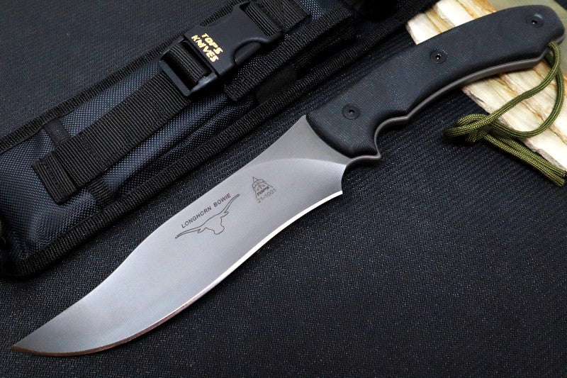 Tops Longhorn Bowie Black River Wash - 1095 Steel / Black Linen Micarta Handle / Black Ballistic Nylon Sheath LONGB-BRW