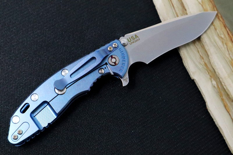 Rick Hinderer Knives XM-18 - Tri Way Pivot- 3.5" Recurve Blade / Stonewash Finish / Black G-10 Handle / Blue Ano Finished Frame