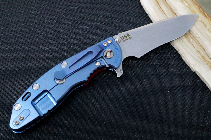 Rick Hinderer Knives XM-18 - Tri Way Pivot- 3.5" Recurve Blade / Stonewash Finish / Red G-10 Handle / Blue Ano Finished Frame