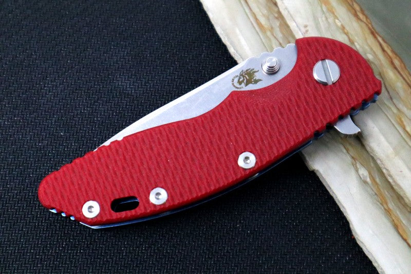 Rick Hinderer Knives XM-18 - Tri Way Pivot- 3.5" Recurve Blade / Stonewash Finish / Red G-10 Handle / Blue Ano Finished Frame
