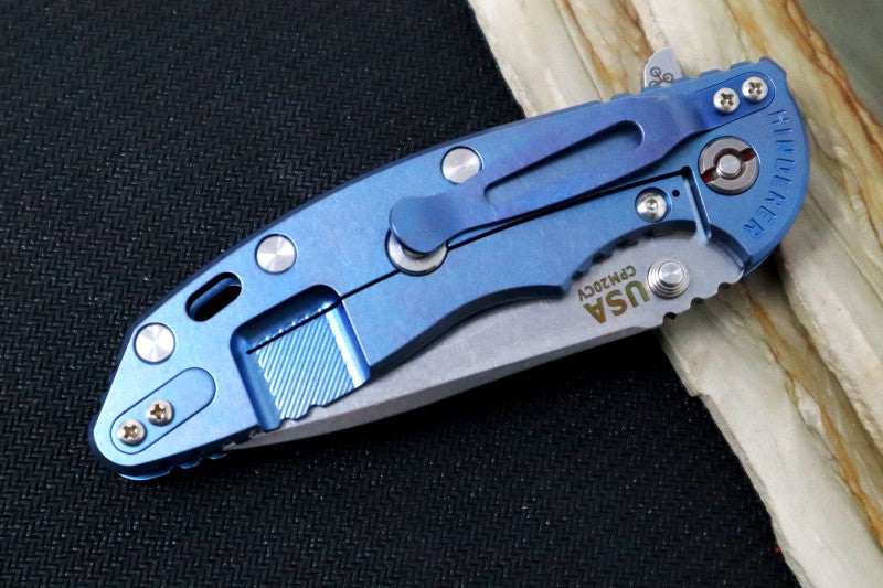 Rick Hinderer Knives XM-18 - Tri Way Pivot- 3.5" Recurve Blade / Stonewash Finish / Red G-10 Handle / Blue Ano Finished Frame
