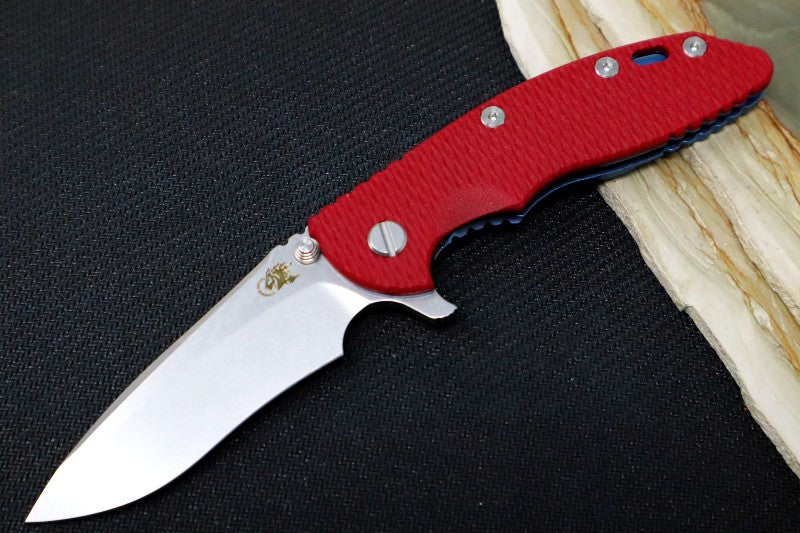 Rick Hinderer Knives XM-18 - Tri Way Pivot- 3.5" Recurve Blade / Stonewash Finish / Red G-10 Handle / Blue Ano Finished Frame
