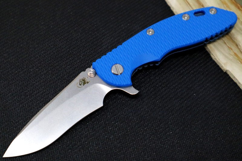 Rick Hinderer Knives XM-18 - Tri Way Pivot- 3.5" Recurve Blade / Stonewash Finish / Blue G-10 Handle / Blue Ano Finished Frame - Northwest Knives