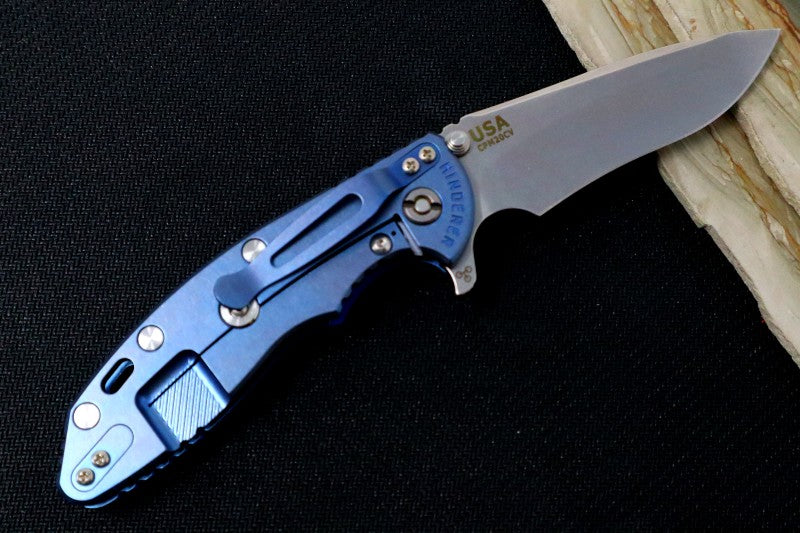 Rick Hinderer Knives XM-18 - Tri Way Pivot- 3.5" Recurve Blade / Stonewash Finish / Blue G-10 Handle / Blue Ano Finished Frame