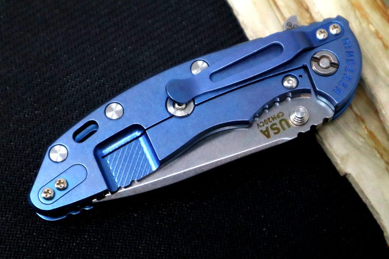 Rick Hinderer Knives XM-18 - Tri Way Pivot- 3.5" Recurve Blade / Stonewash Finish / Blue G-10 Handle / Blue Ano Finished Frame