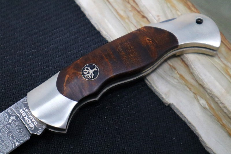 Boker Scout Damascus - Curly Birch Wood & Silver Nickel Handle / Spearpoint Damascus Blade 112202DAM