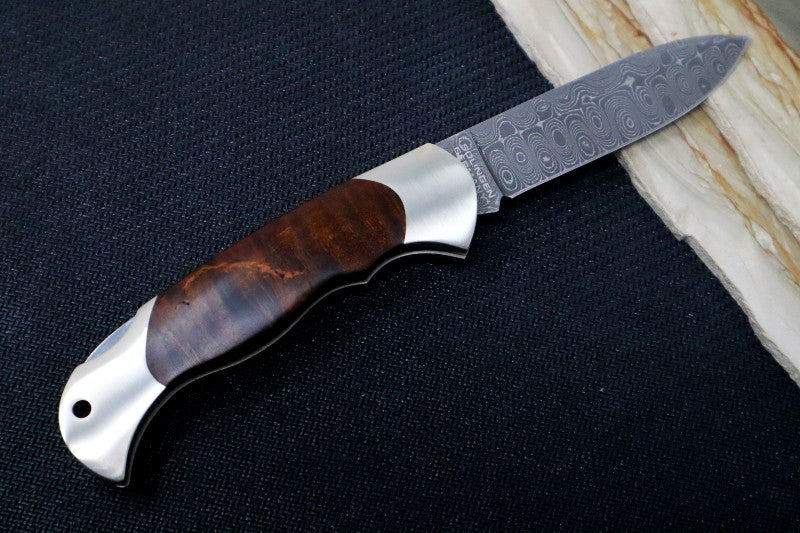Boker Scout Damascus - Curly Birch Wood & Silver Nickel Handle / Spearpoint Damascus Blade 112202DAM