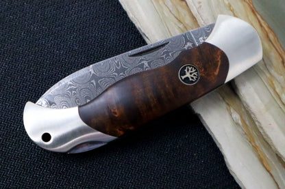 Boker Scout Damascus - Curly Birch Wood & Silver Nickel Handle / Spearpoint Damascus Blade 112202DAM