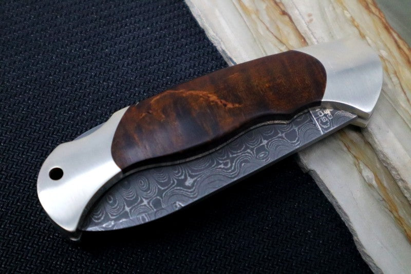 Boker Scout Damascus - Curly Birch Wood & Silver Nickel Handle / Spearpoint Damascus Blade 112202DAM