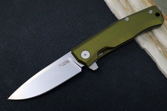 Lionsteel Myto Flipper - Satin Drop Point Blade / M390 Steel / OD Green Anodized Aluminum Handle MT01GS