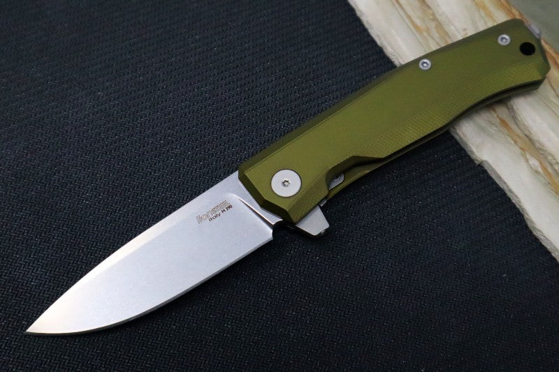 Lionsteel Myto Flipper - Satin Drop Point Blade / M390 Steel / OD Green Anodized Aluminum Handle MT01GS - Northwest Knives