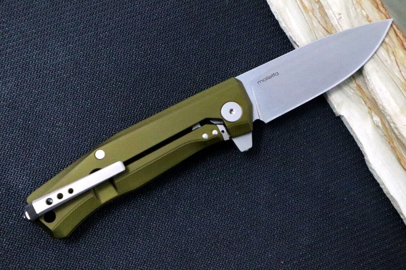Lionsteel Myto Flipper - Satin Drop Point Blade / M390 Steel / OD Green Anodized Aluminum Handle MT01GS