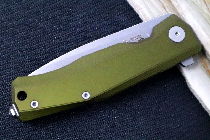 Lionsteel Myto Flipper - Satin Drop Point Blade / M390 Steel / OD Green Anodized Aluminum Handle MT01GS