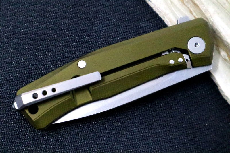 Lionsteel Myto Flipper - Satin Drop Point Blade / M390 Steel / OD Green Anodized Aluminum Handle MT01GS