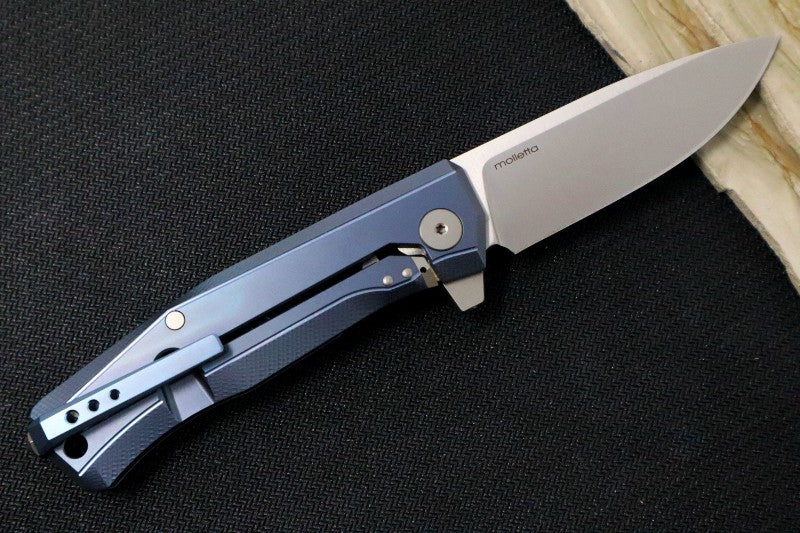 Lionsteel Myto Flipper - Satin Drop Point Blade / M390 Steel / Blue Anodized Titanium Handle MT01BL - Northwest Knives