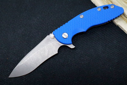 Rick Hinderer Knives XM-18 - Tri Way Pivot- 3.5" Recurve Blade / Working Finish / Blue G-10 Handle