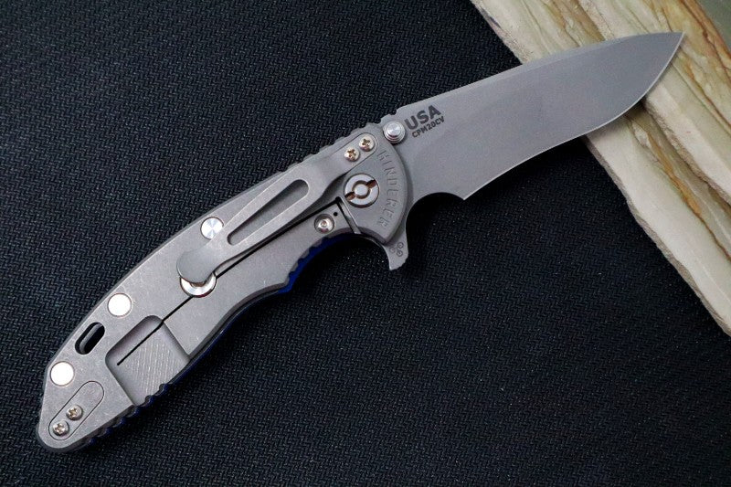 Rick Hinderer Knives XM-18 - Tri Way Pivot- 3.5" Recurve Blade / Working Finish / Blue G-10 Handle