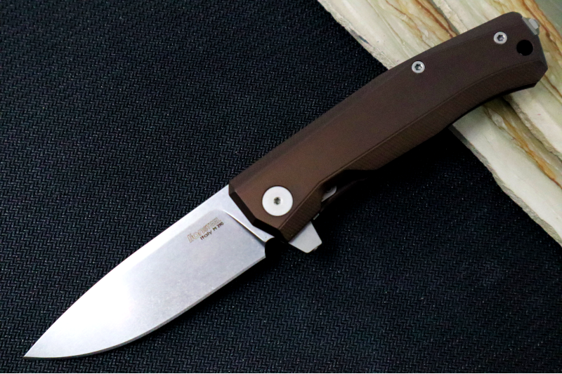 Lionsteel Myto Flipper - Stonewashed Drop Point Blade / M390 Steel / Earth Brown Anodized Aluminum Handle MT01AES