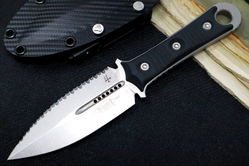 Microtech SBD - Satin Blade / Full Serrated Dagger Style / Black Handle 201-12