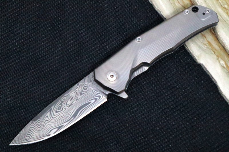 Lionsteel TRE Three Rapid Exchange Titanium Flipper - Damasteel Damascus Blade / Full Titanium Handle TRE-DTGY - Northwest Knives
