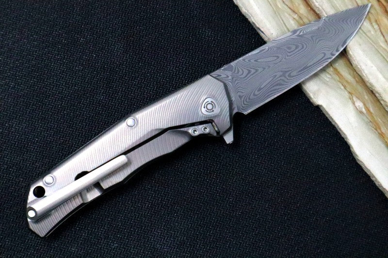 Lionsteel TRE Three Rapid Exchange Titanium Flipper - Damasteel Damascus Blade / Full Titanium Handle TRE-DTGY