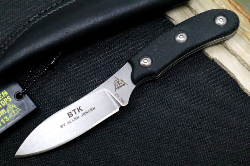 Tops Bird & Trout - 440C RC 58-60 Cryo Treated Steel / Black Canvas Micarta Handle / Leather Sheath BTK-02