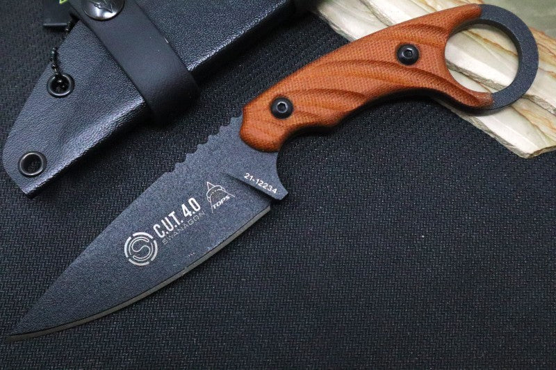 Tops C.U.T. 4.0 Fixed Blade - 1095 Steel / Tan Canvas Micarta Handle / Black Kydex Sheath CUT-40 - Northwest Knives