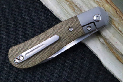 Pena Knives Dogleg Jack Front Flipper - Green Micarta Handle / M390 Steel /  Spear Point Blade