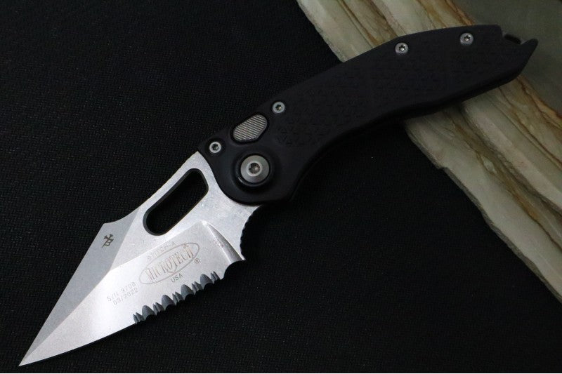 Microtech Stitch Auto - Wharncliffe Stonewashed Blade with Partial Serrate / Black Textured Milled Aluminum Handle 169-11
