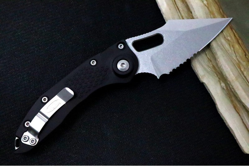 Microtech Stitch Auto - Wharncliffe Stonewashed Blade with Partial Serrate / Black Textured Milled Aluminum Handle 169-11