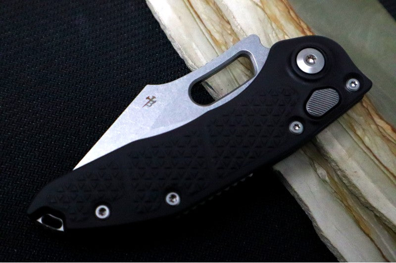 Microtech Stitch Auto - Wharncliffe Stonewashed Blade with Partial Serrate / Black Textured Milled Aluminum Handle 169-11