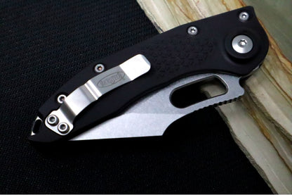 Microtech Stitch Auto - Wharncliffe Stonewashed Blade with Partial Serrate / Black Textured Milled Aluminum Handle 169-11